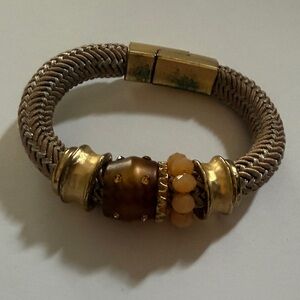 Beaded Gold Tone Cuff Magnetic Clasp woven Fabric Cord Gold Tones Brown/Amber